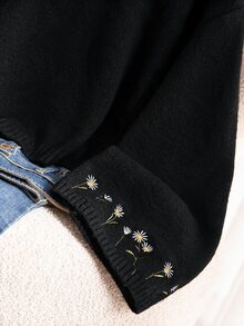 CosyJoli 大尺碼灰玫瑰色喇叭袖長袖刺繡圓領針織衫，柔軟修身休閒度假正式款秋冬上衣 - 黑色 - 查看 4
