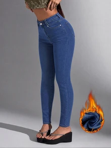 Flirla Women's Fashion Fitted Button Pocket Denim Jeans - Blue - View 1