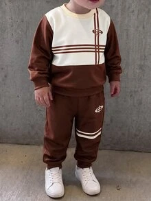 Young Boys Casual Color Block Striped Crew Neck Sweatshirt And Jogger Pants 2-Piece Set, Preppy Autumn Winter Sports Outfit Tracksuit - Brown - View 1