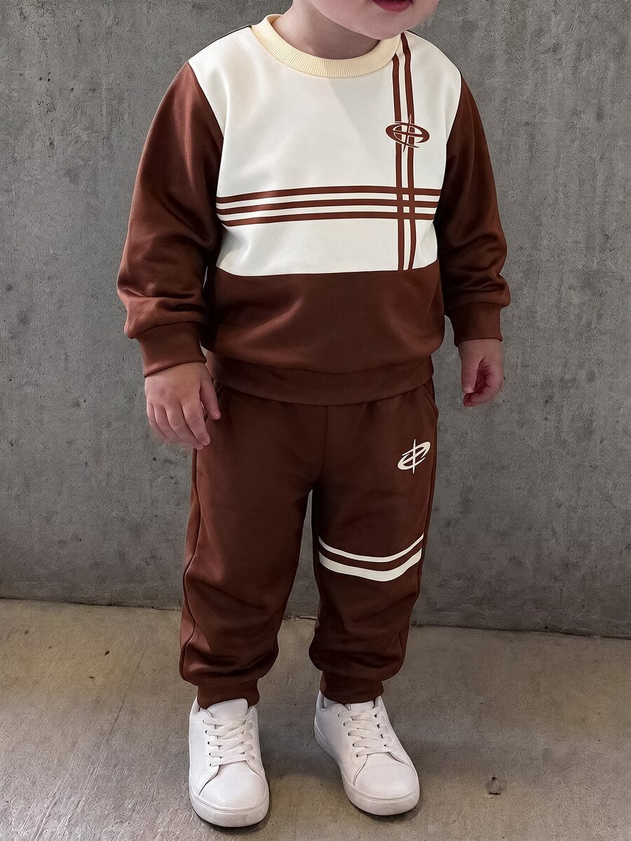 Young Boys Casual Color Block Striped Crew Neck Sweatshirt And Jogger Pants 2-Piece Set, Preppy Autumn Winter Sports Outfit Tracksuit - Brown - View 1