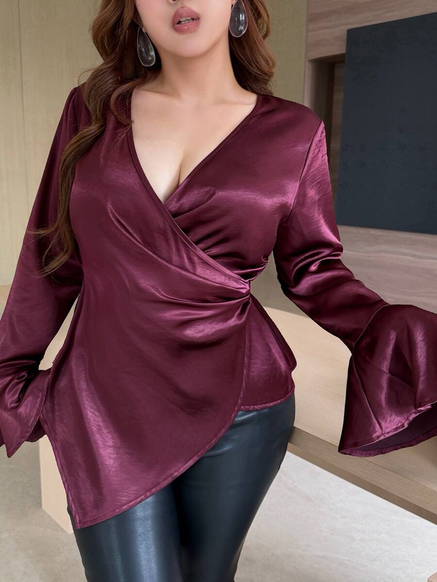 Vibekara Plus Size Premium Burgundy Satin V-Neck Blouse For Women ...