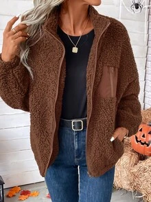 SHEIN LUNE Zip Up Drop Shoulder Teddy Jacket In Fall/Winter,Casual - Brown - View 8