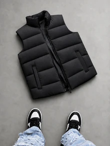Manfinity Roghcode Men's Solid Color Zipper Winter Vest Jacket - Black - View 1