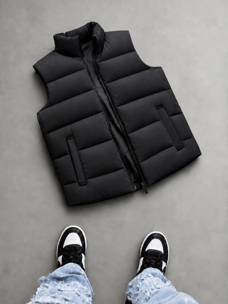 Manfinity Roghcode Men's Solid Color Zipper Winter Vest Jacket - Black - View 1