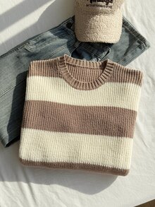 SHEIN 1件女童毛衣，時尚經典拼色白色，極簡街頭風百搭圓領休閒寬鬆款，適中厚度，秋冬穿著 - 彩色 - 查看 5