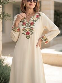 Miaspire Middle-Aged Women's Embroidered Notch V-Neck Dress - Multicolor - View 3