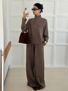 Livesso Women's Half-Zip Long Sleeve Top And Pants Casual Two Pieces Set - Coffee Brown - View 7