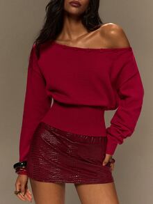 TypaGal Fall Winter Y2k Sexy Going Out Basic Chic Party Halloween Luxury Red Christmas Women's Asymmetrical Shoulder Long Sleeve Button Design Sweater - Burgundy - View 1