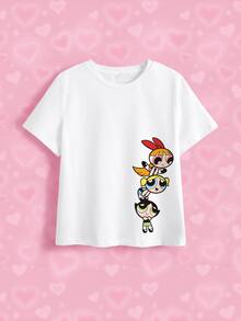 THE POWERPUFF GIRLS X SHEIN Tween Girl Cartoon Print Round Neck Short Sleeve Casual T-Shirt - White - View 3