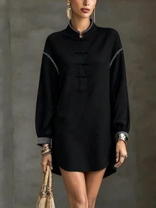 LUMIGAL Women's Long Sleeve Casual Dress With Frog Button Placket - Black - View 3