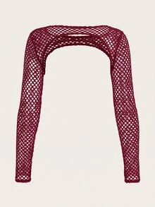 SHEIN ICON 時尚純色魚網超短黑色上衣 - 酒紅色 - 查看 3