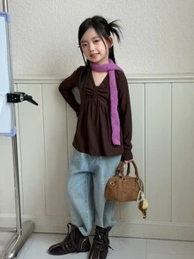 Dazy Kids Tween Girl) V-Neck Design A-Line Hem Long Sleeve Inner Layer Autumn T-Shirt - Brown - View 3
