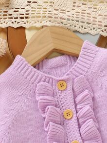 SHEIN 嬰兒/幼兒女童淺粉色可愛秋季休閒荷葉邊針織連身衣，附帽子西班牙風嬰兒女童連身衣 - 淡紫色 - 查看 5