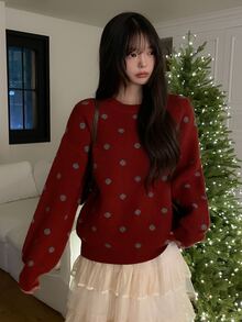 DAZY Women's Round Neck Polka Dot Loose Fit Casual Pullover Sweater - Red - View 3