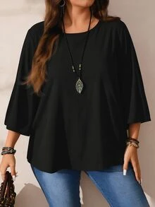 EMERY ROSE Plus Size Women's Autumn/Winter Casual Black Solid Color Round Neck Loose Fit 3/4 Sleeve Blouse - Black - View 3