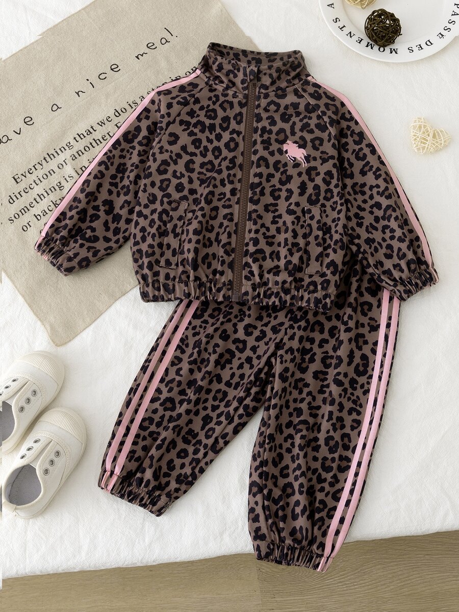 Tween Girls 2 Pieces Leopard Print Sportswear Set - Stand Collar Zip-Up Jacket + Cuffed Sweatpants, Retro Athletic Streetwear Outfit - Brown - View 1