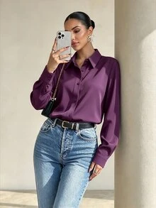 Structelle 女款純色鈕扣前襟長袖襯衫，秋季長袖上衣 - 中紫紅色 - 查看 8