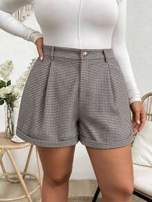 Easura European And American Autumn/Winter Houndstooth Diagonal Pocket Cuffed Hem Plus Size Women's Shorts, Casual Daily Commute Versatile Layering Inner Wear - Multicolor - View 3