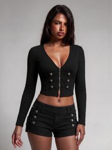 Nooralise Black Double-Row Metal Buckle Decor + V-Neck Long Sleeve Cropped Knit Top, Ribbed Elastic Fabric, Front Zipper Closure, Slim Fit Waist, Cropped Length, Vintage Hot Girl Style, Suitable For Daily Wear, Dating, Party, Layering, Spring/Autumn - Black - View 6
