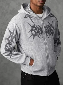 SLATEMANN Men's Gothic Pattern Zip-Up Casual Hoodie - Grey - View 6