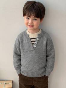Hapijoa 幼童男童秋冬拼接配色二合一長袖毛衣 - 灰色 - 查看 6
