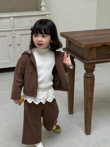 DAZY Baby Girl Hooded Long Sleeve Sweatshirt And Pants Set - Coffee Brown - View 1