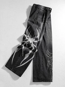 ROMWE MEN Street Life Quần jean denim nam cài cúc họa tiết nhện - Màu xanh lam - Xem 8