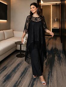 Auveirra Plus Size Women's Elegant 2 Pieces Set With Patchwork Tassel Cuff High-Low Hem Lace Top And Long Pants - Black - View 5