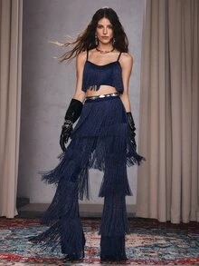 Anewsta Women's New Elegant Tassel Camisole Top And Bandage Pants Set, 2-Piece Outfit, Christmas Set - Navy Blue - View 1
