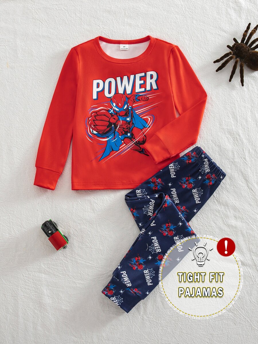 Autumn/Winter Thin Knit Round Neck Young Boy Cool Cute Fun Digital Print Pattern Blue & Red Element Combination Tight Long Sleeve Pants 2 Pieces Set Comfortable Soft Fabric Pajamas Homewear - Multicolor - View 1