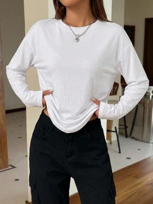 SHEIN EZwear 95%棉 白色長袖百搭女款T恤，適合秋冬穿著 - 白色 - 查看 4