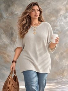 Ceyna Plus Size Women Solid Color Round Neck Batwing Short Sleeve Casual Knit Top - Apricot - View 6