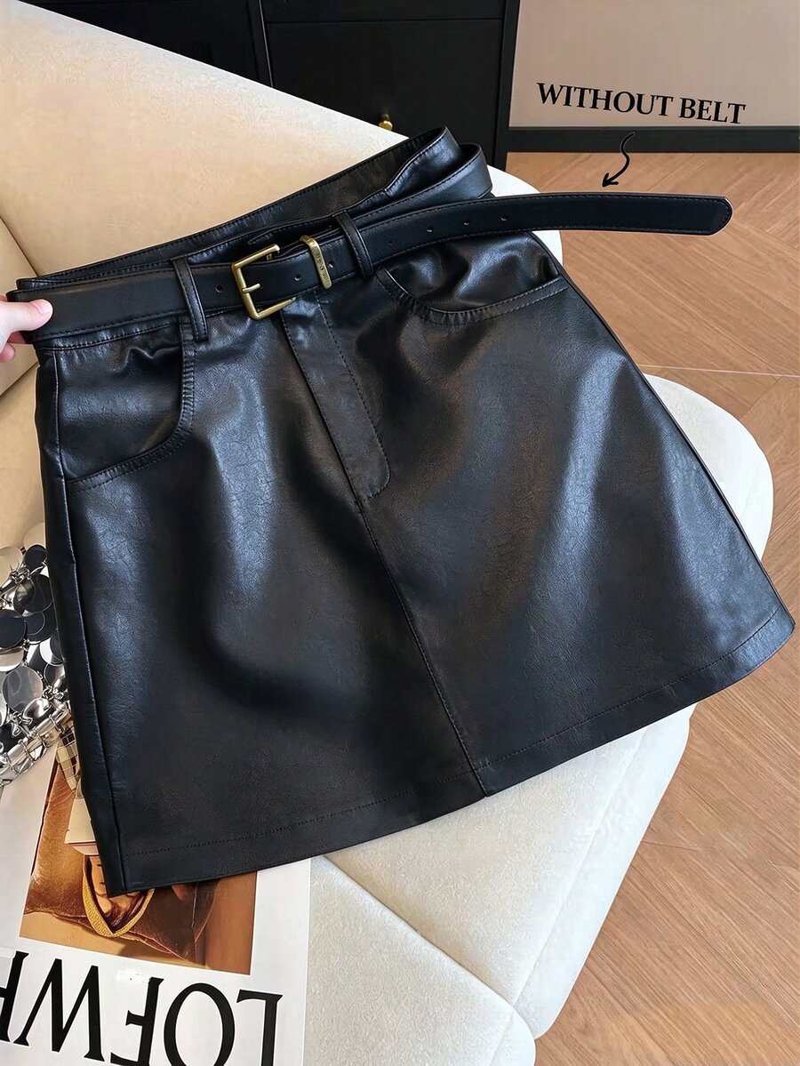 GlowEve Women's Solid Color PU Leather Fashion Versatile Daily Casual Skirt - Black - View 1