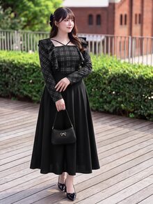 Bijouette Plus Size Women's Patchwork Plaid Long Sleeve Square Neck Elegant Dress - Black - View 2
