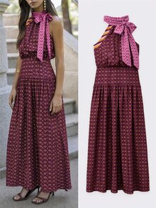 Nöista Women's All-Over Print Halter Neck Knot Detail Fashion Long Dress - Burnt Orange - View 1