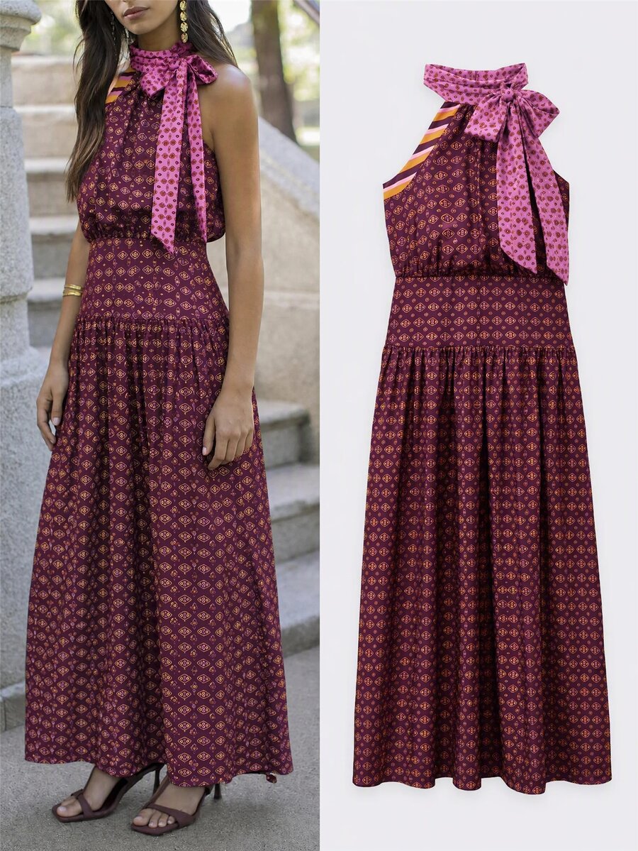 Nöista Women's All-Over Print Halter Neck Knot Detail Fashion Long Dress - Burnt Orange - View 1
