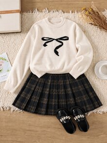 Genkimix Kids Setelan Rajut Atasan Lengan Panjang Motif Pita dan Rok Mini Lipit Kotak-kotak untuk Sekolah Formal, Warna Krem, Lucu untuk Anak Perempuan Remaja. - Aprikot - View 7