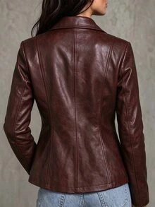 LUMIGAL Caramel Color Vintage Double-Breasted Long Sleeve Women's Leather Jacket - Burgundy - View 2