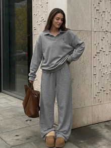 Livesso Women's Minimalist Long Sleeve Top And Pants Loungewear Set - Grey - View 5