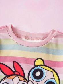 THE POWERPUFF GIRLS X SHEIN Baby Girl Cartoon Print Short Sleeve Top And Striped Contrast Color Shorts Loungewear Set - Multicolor - View 3