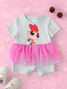 THE POWERPUFF GIRLS X SHEIN Baby Girl Cartoon Print Mesh Patchwork Casual Daily Romper - Multicolor - View 1