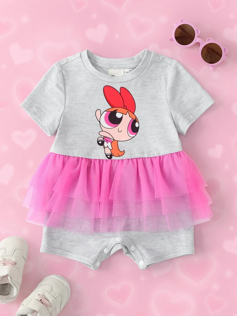 THE POWERPUFF GIRLS X SHEIN Baby Girl Cartoon Print Mesh Patchwork Casual Daily Romper - Multicolor - View 1