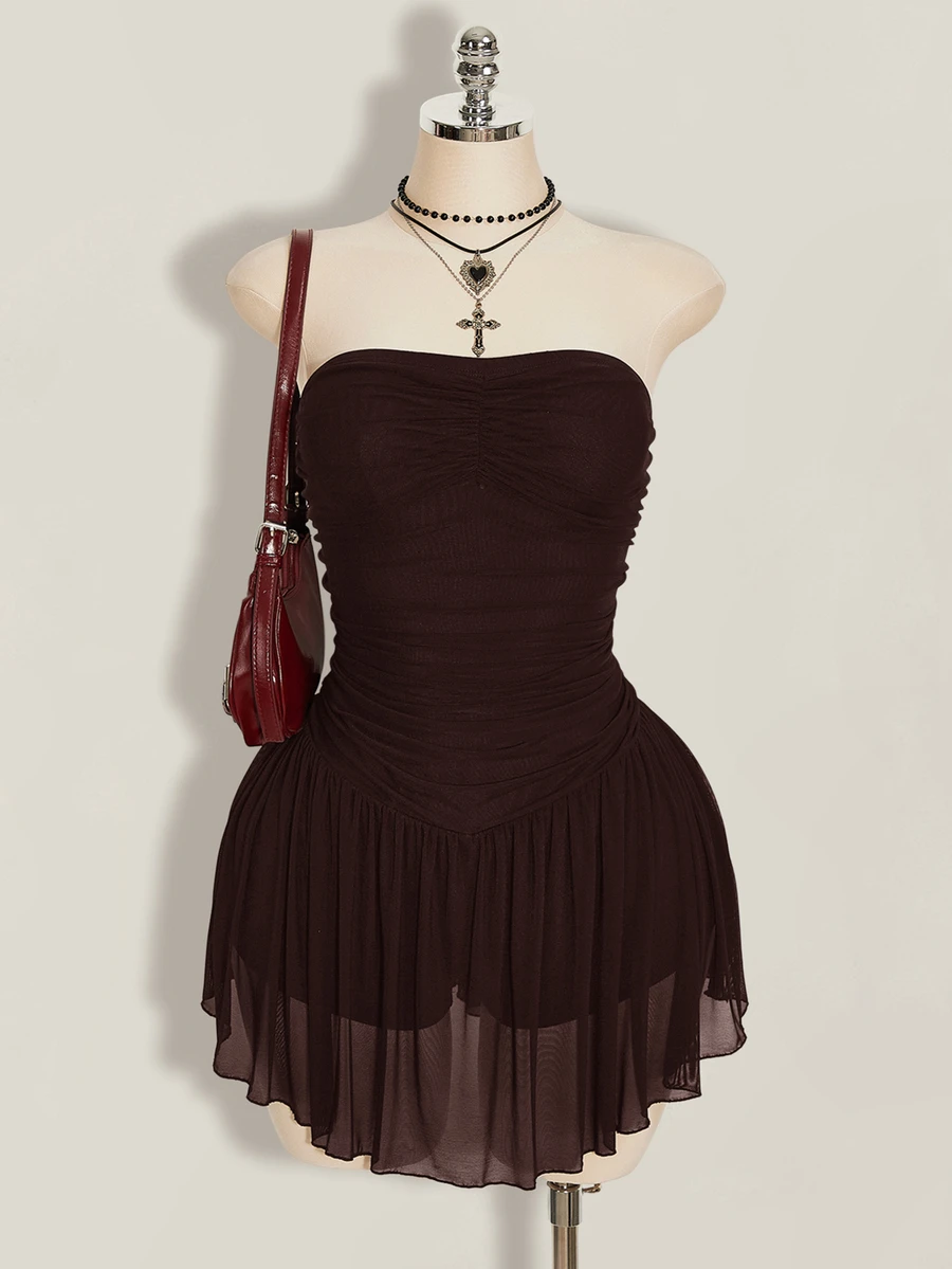 SHEIN ICON Women's Plus Size Retro Goth Sexy Fashion Individual Simple Elegant Y2K Black Strapless Mesh Dress With Gathered Chest Going Out Rave Summer - Brown - View 1