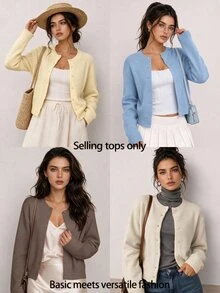 SHEIN BASICS 女款復古休閒純色單排扣長袖針織開襟衫 辦公日常校園商務 橄欖綠 秋季 - 駝色 - 查看 7