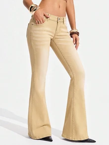 Jeanoix Women's Casual Daily Denim Flare Leg Pants With Pockets And Buttons - Khaki - View 5