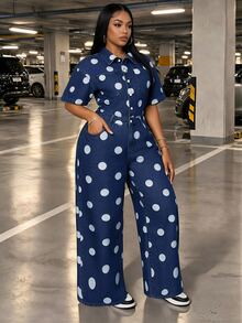 Slaydiva Festival Plus Size Women's Blue Non-Stretch Polka Dot Print Loose Short Sleeve Jumpsuit - Light Wash - View 4