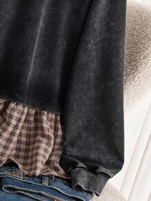 CosyJoli Áo nỉ nữ size lớn màu wash, tay dài phong cách thập niên 60 và 90, áo top phối caro patchwork gấu bèo nhún, đồ thu đông đi nghỉ dưỡng, màu đỏ trắng, phong cách brunch - màu xanh lá - Xem 5