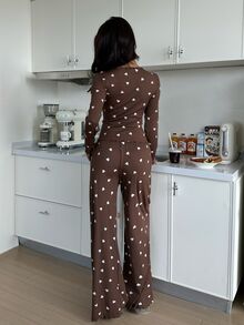 ZzzCrew Bộ đồ ngủ nữ dệt kim gân in hình trái tim, đồ mặc nhà thường ngày - Cà phê nâu - Xem 3