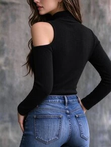 Linhara CURVE Women's Plus Size High Neck Cold Shoulder Knitted Top, Long Sleeve Diagonal Button Design Ribbed Slim Fit Sweater, Elegant Pure Black Autumn T-Shirt Versatile - Black - View 2