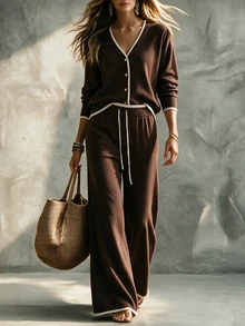 SHEIN Franclia Women Contrast Trim V Neck Knit Cardigan & Drawstring Wide Leg Pants 2 Pieces Outfit - Brown - View 1